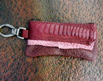 Handmade Custom Leather Smart Phone Bag, ostrich shin and fish skin on buffalo . Swivel Snap.  3.5" x 7"