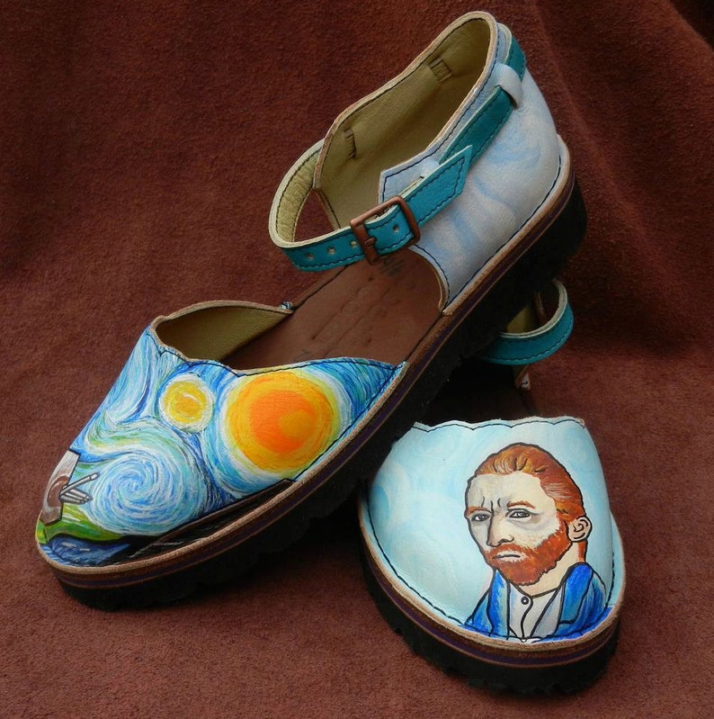 Handmade Custom Leather Sandals Van Gogh Starry Night & self portrait Turquoise Blue Yellow Sunny, STOCK Size 5, 6, 7, 8, 9, 10,11,12. or image 1