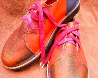 Leather Custom Handmade Shoes, Lo Top. Cowhide, orange, Purple, green. Custom Made, Size women's size 9,wide toe box