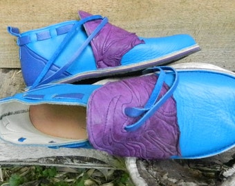 Handmade Custom BLUE Chap Leather-NO SHOES Lightweight Vibram Sole,raggedy purple,goat skin trim.Stock sizes5,6,7,8,9,10 or custom fit