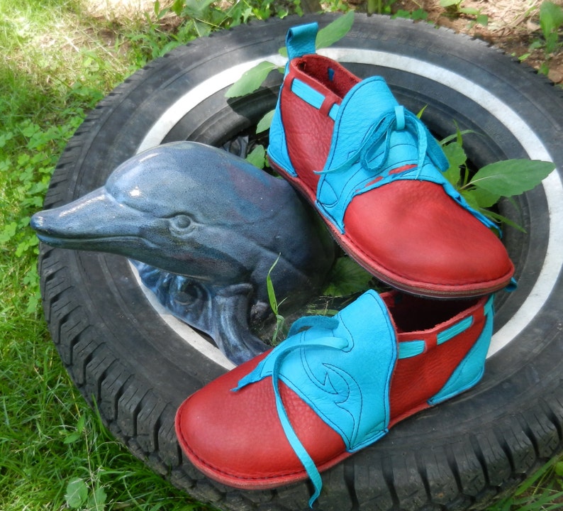 Leather Custom Handmade LEATHER SOLE DANCE n0Shoes, . red bullhide trimmed in raggedy deer, stock sizes 5,6,7,8,9,10 or custom made to fit. image 5