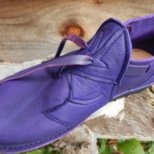 Handmade Custom Leather Shoes Purple Bull Hide N0 SHOES AquaTread Sole Deer Skin Trim Custom Made Size 5, 6, 7, 8, 9, 10 image 1