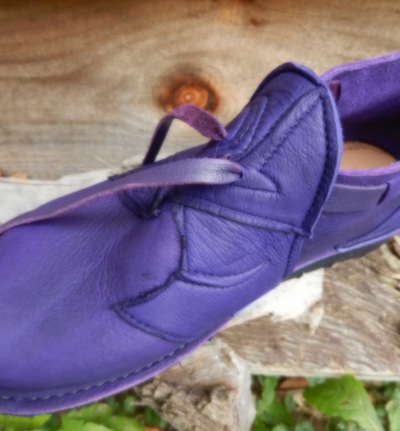 Handmade Custom Leather Shoes Purple Bull Hide N0 SHOES AquaTread Sole Deer Skin Trim Custom Made Size 5, 6, 7, 8, 9, 10 image 1