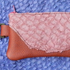 Handmade Leather Zipper Wallet / Clip On smart phone tote , FISH SKIN on top shelf italian cowhide Swivel Snap. 3.5 x 7 image 1