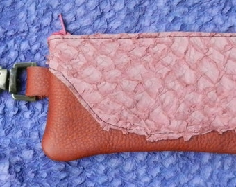 Handmade Leather  Zipper Wallet / Clip On smart phone tote , FISH SKIN on top shelf italian cowhide  - Swivel Snap.  3.5" x 7"