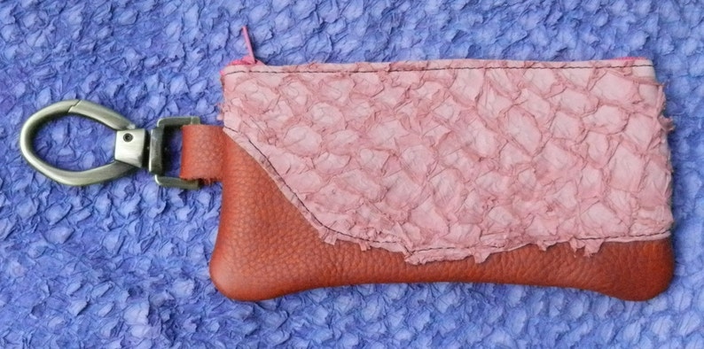 Handmade Leather Zipper Wallet / Clip On smart phone tote , FISH SKIN on top shelf italian cowhide Swivel Snap. 3.5 x 7 image 1