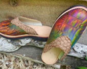 Leather Custom Handmade Clogs Shoes - Embossed Enlish Calf Skin with Fish skin trim, stock sizes 5,6,7,8,9,10 or custom made to fit.