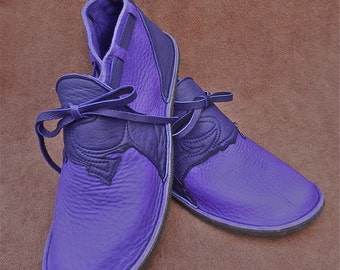 Handmade custom Leather Shoes - Purple Bull Hide - "NO SHOES" Lightweight Vibram Sole Deer Skin Trim - Custom Made Size 5, 6, 7, 8, 9, 10