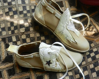 Leather Custom Handmade Shoes - Tan or sand  - "NO SHOES" Vibram Sole, Deer Skin Trim - Custom Made OR  Size 5, 6, 7, 8, 9, 10
