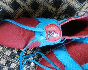 Leather Custom Handmade Shoes - turquoise deerskin on red bullhide, - "NO SHOES" Vibram Sole  - Custom Made or stock sizes