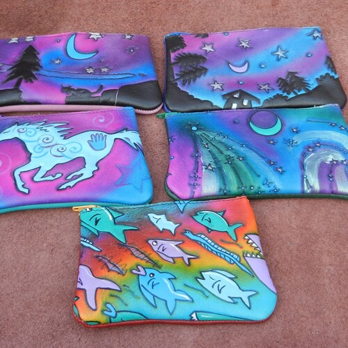 GIFT DEAL,Handmade Custom Leather/ Zipper Coin Change Purse, shops Bag, Tote. Cosmic shooting stars, Airbrushed Hand Painted.