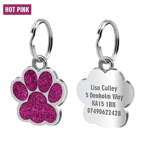 Personalised Dog Tag Name, Engraved Paw Shape Pet Dog Cat Tags, Pet Collar ID Tags, Custom ID Tag Glitter Bling Paw Print Tags For Your Pet