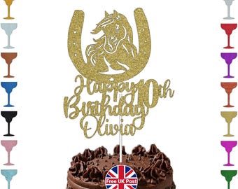 May include: A gold glitter cake topper with a horse head inside a horseshoe, and the words "Happy 10th Birthday Olivia". The topper is on a chocolate frosted cake. The image also includes a variety of colorful cocktail glass icons.