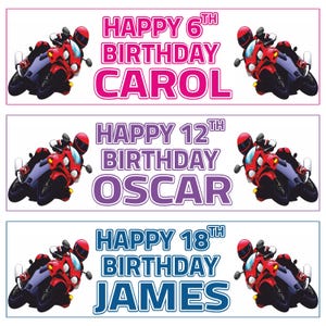 x2 Happy Birthday Banner, Personalised Motor Bike Birthday Banner Bike Lovers Motorcycle Lover Motor Bike Decor, Racing Party, Sports Banner