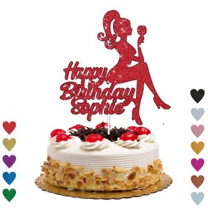 Personalised Happy Birthday Sitting Lady Glitter Cake Topper Personalised Birthday Girl Cake Topper Woman, Lady, Girl Sitting Cake Topper