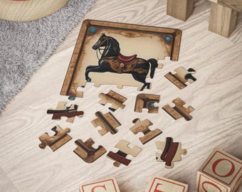 Rocking horse, Kids' Puzzle, 30-Piece, christmas gift, kindergarten material, vintage style, victorian period inspired, vintage toy inspired