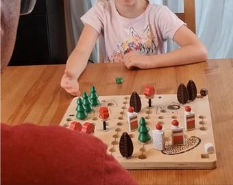 Ludo game, in the style of the Black Forest, Germany, wooden game, Waldorf, Montessori, old school