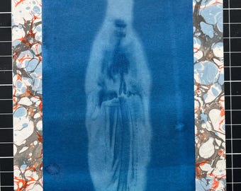 Our Lady of Lourdes Cyanotype – Handmade with Lourdes Water & Sunlight – Original Religious Art