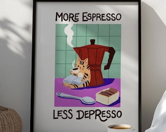 More Espresso, Less Depresso – Retro Cafe Cat Art Print | Coffee Bar Wall Decor, Coffee Lover Aesthetic, Cute Kitchen Poster, Cat Lover gift