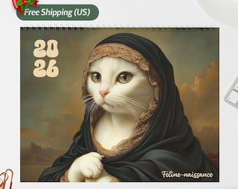 Feline Meets Renaissance, Cat Wall Calendar 2026, Fun Cat Portraits, Kitty Illustration, Wall Planner & Cat Lover Gift, Christmas New Year