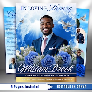Op de afbeelding: Een herdenkingsaankondiging met een blauwe hemelachtergrond, duiven en een portret van William Brook. Het ontwerp bevat blauwe rozen, de tekst "In Loving Memory" en de data 12 december 1986 - 20 april 2025.