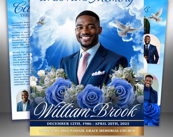 Sjabloon blauw uitvaartprogramma: 8 pagina's gedenkteken, Celebration of Life (canva, pdf-download)