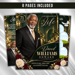 May include: A funeral program template featuring a portrait of an older man in a suit, gold text reading A Celebration of Life, David Williams, and Edward, with red and white roses, a white dove, and 8 pages included in the set.