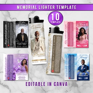 May include: A collection of memorial lighter templates with various designs. The lighters feature photos of individuals, floral accents, and the text "In Loving Memory." The templates are labeled "Editable in Canva."