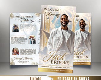 White & Gold Roses Funeral Program: Trifold Memorial Template (17x11 Canva Template)