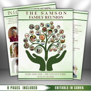 Op de afbeelding: Een uitnodiging voor een familiereünie met een groen en wit ontwerp. De uitnodiging toont een boom gemaakt van familiefoto's, met de tekst "The Samson Family Reunion" en "August 30 2025". De woorden "8 Pages Included" en "Editable in Canva" zijn ook zichtbaar.