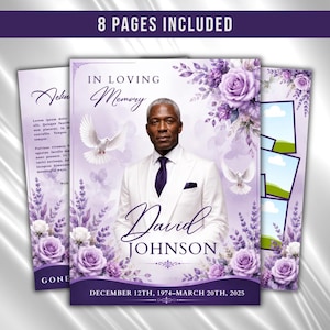Könnte beinhalten: Eine Vorlage für ein Trauerprogramm mit dem Porträt eines Mannes im weißen Anzug und violetter Krawatte, umgeben von violetten Rosen und weißen Tauben. Der Text lautet IN LOVING MEMORY, David JOHNSON und DECEMBER 12TH, 1974-MARCH 20TH, 2025. 8 PAGES INCLUDED.