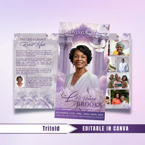 May include: A trifold memorial card with a portrait of a woman, featuring a soft purple and white color scheme. The card includes the text "In Loving Memory" and "Lawrence Brooks", along with dates and a church name. The words "Trifold" and "Editable in Canva" are also visible.