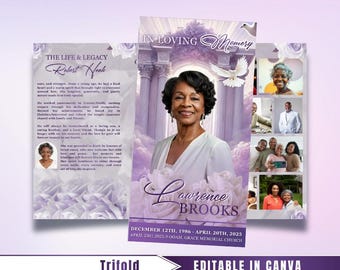 Purple Roses Funeral Program: Trifold Memorial Template (17x11 Canva Template)