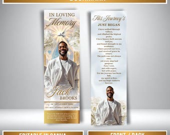 White & Gold Roses Memorial Bookmark Template: Funeral Keepsake (Canva PDF)