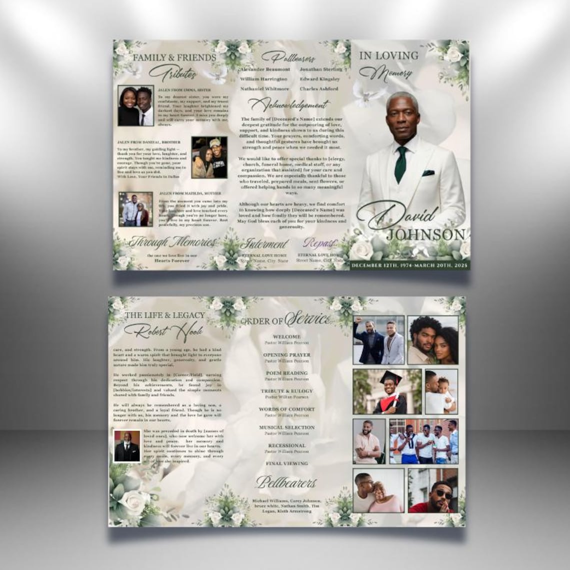 White & Green Roses Funeral Program: Trifold Memorial Template (17x11 ...