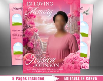 Pink Roses Funeral Program Template: 8-Page Celebration of Life (Canva, PDF Download)