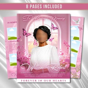 Sjabloon roze begrafenisprogramma: 8 pagina's Celebration of Life (canva, pdf-download)