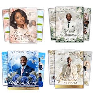 May include: Four funeral program templates featuring portraits of individuals, floral accents, and text including In Loving Memory, names like Thandiwe McMahon, David Johnson, William Brook, and Lawrence Brooks, with birth and death dates displayed.