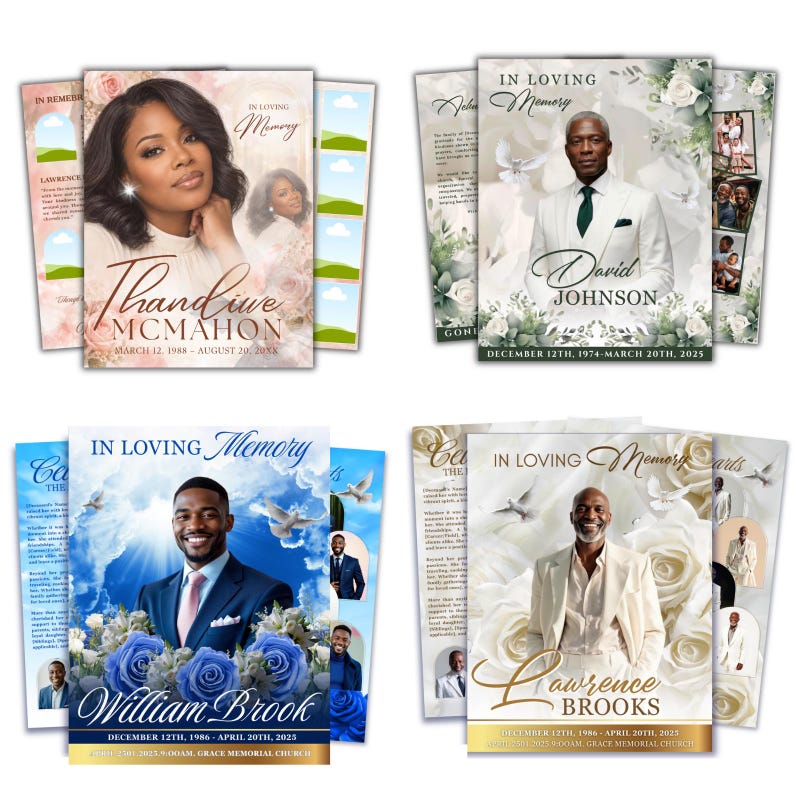 May include: Four funeral program templates featuring portraits of individuals, floral accents, and text including In Loving Memory, names like Thandiwe McMahon, David Johnson, William Brook, and Lawrence Brooks, with birth and death dates displayed.