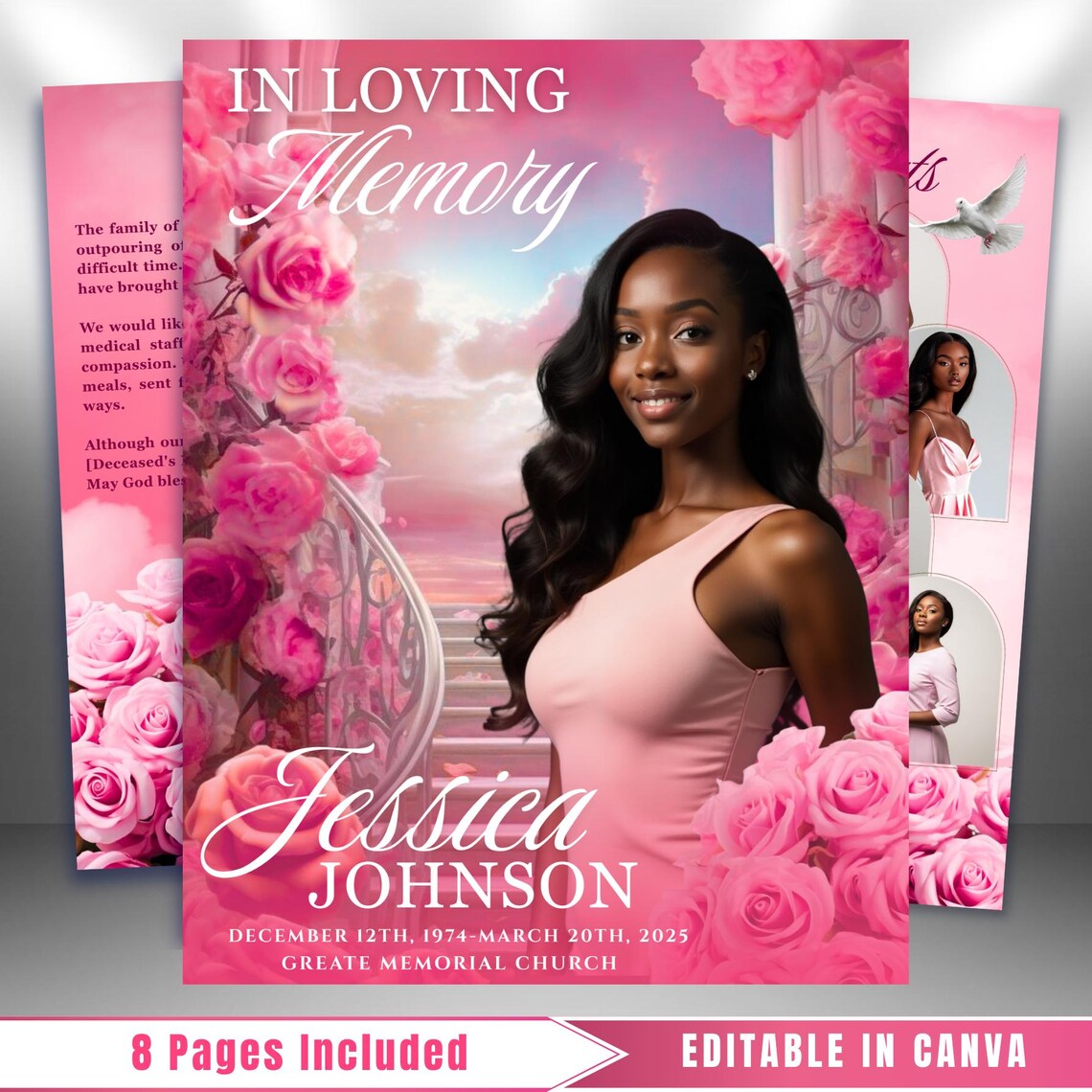 Pink Roses Funeral Program Template: 8-page Celebration of Life (canva ...