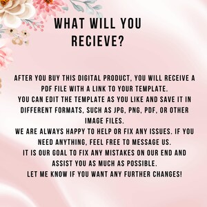 K&ouml;nnte beinhalten: Ank&uuml;ndigung eines digitalen Produkts mit dem Text "WHAT WILL YOU RECIEVE?" in fetter schwarzer Schrift. Der Text beschreibt den Erhalt einer PDF-Datei mit einem Link zu einer Vorlage, die in verschiedenen Formaten bearbeitet werden kann. Florale Akzente in Rosa und Pfirsich zieren die Oberseite.