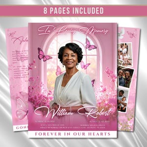 Puede incluir: Un programa conmemorativo rosa con una foto de una mujer, mariposas y detalles florales. El texto dice "In Loving Memory" e incluye el nombre "William Robert" y fechas. La frase "Forever in Our Hearts" también es visible.