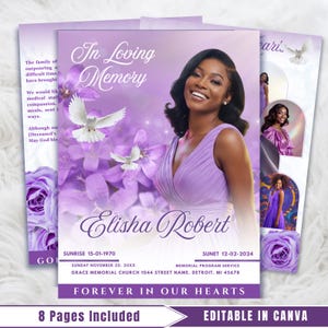 Purple Roses Funeral Program Template: 8-Page Memorial, Celebration of Life (Canva, Digital Download)