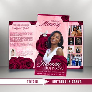 May include: A trifold memorial card in pink and burgundy. It features a photo of a woman, roses, and the text "In Loving Memory" and "Forever in Our Hearts". The card is labelled "Trifold" and "Editable in Canva."