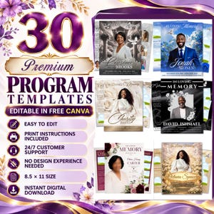 May include: A collection of 30 editable funeral program templates featuring "In Loving Memory" text, portraits, and floral designs. The digital templates are 8.5 x 11 inches, include print instructions, and are designed for customization in Canva.
