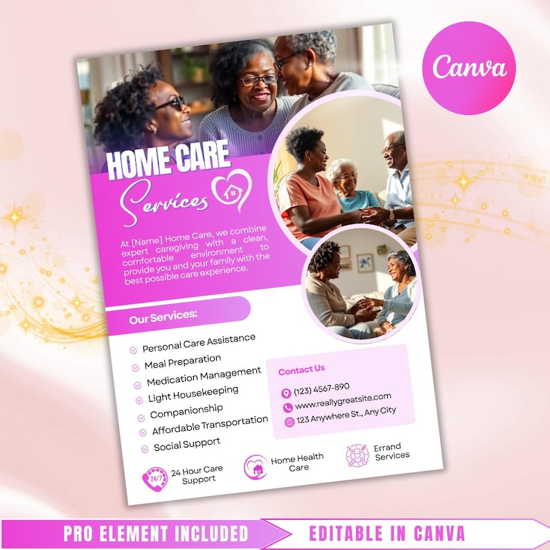 K&ouml;nnte beinhalten: Ein rosa-wei&szlig;er Flyer, der f&uuml;r h&auml;usliche Pflegedienste wirbt. Der Flyer enth&auml;lt Bilder von &auml;lteren Menschen und listet Dienstleistungen wie pers&ouml;nliche Pflege, Essenszubereitung und Medikamentenmanagement auf. Der Text "HOME CARE Services" ist sichtbar.