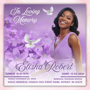 May include: A memorial program with a purple floral background, doves, and the text "In Loving Memory." The program features a photo of a smiling person and the name "Elisha Robert." Dates and service details are also included.