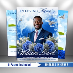 Blue Funeral Program Template: 8-Page Memorial, Celebration of Life (Canva, PDF Download)