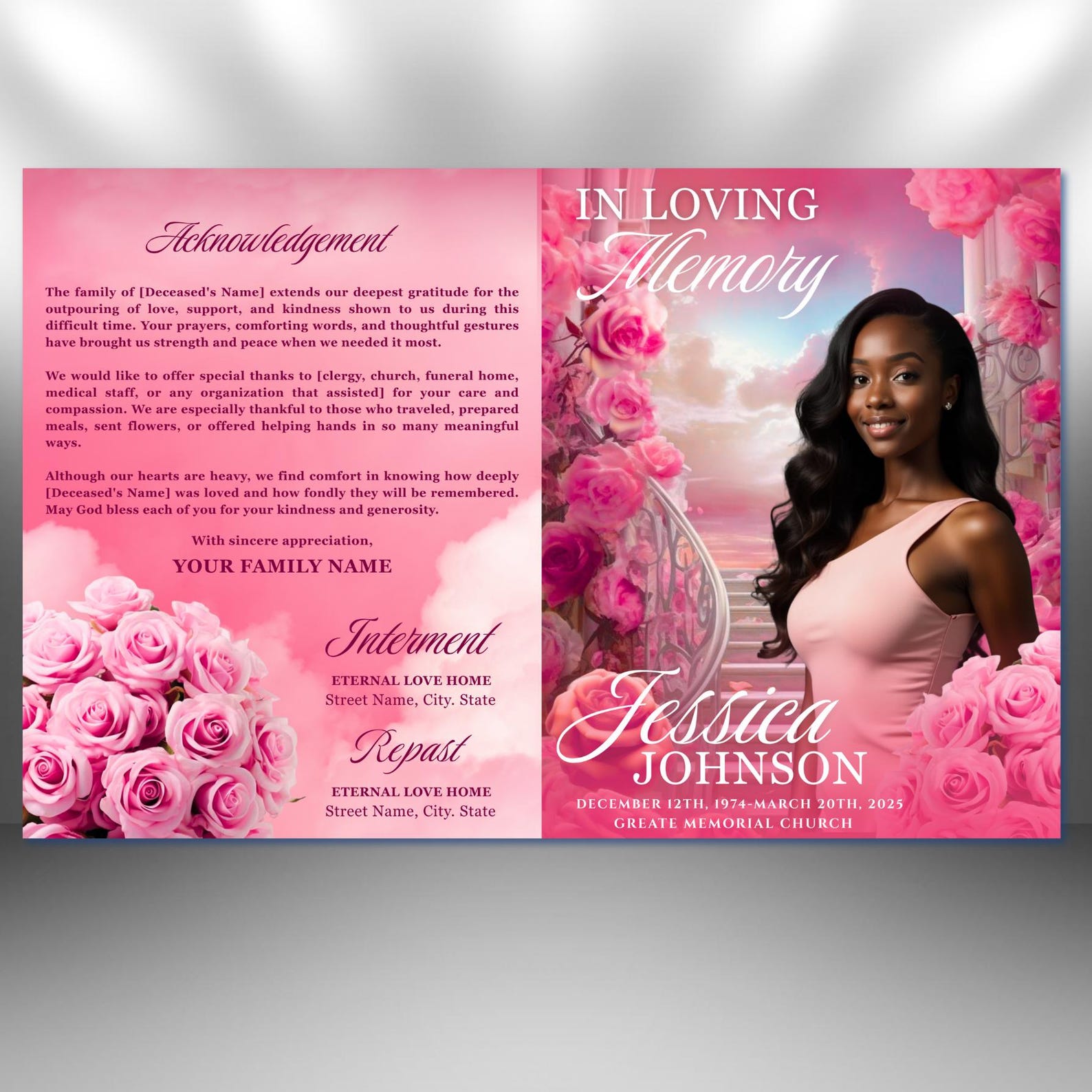 Pink Roses Funeral Program Template: 8-page Celebration of Life (canva ...