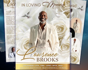 8 Page White Roses Funeral Program, 17&quot; x 11&quot; Obituary Program Template, Memorial Program, Celebration Of Life Program In Loving Memory